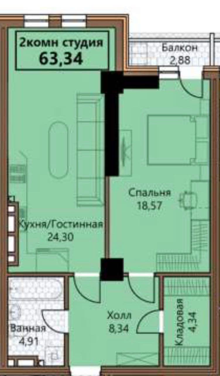Элитка, 2 ком, 63.34 м2, этаж 9/, ж/к Элиф Гарден/Elif Garden, Сост: Строящийся ПСО